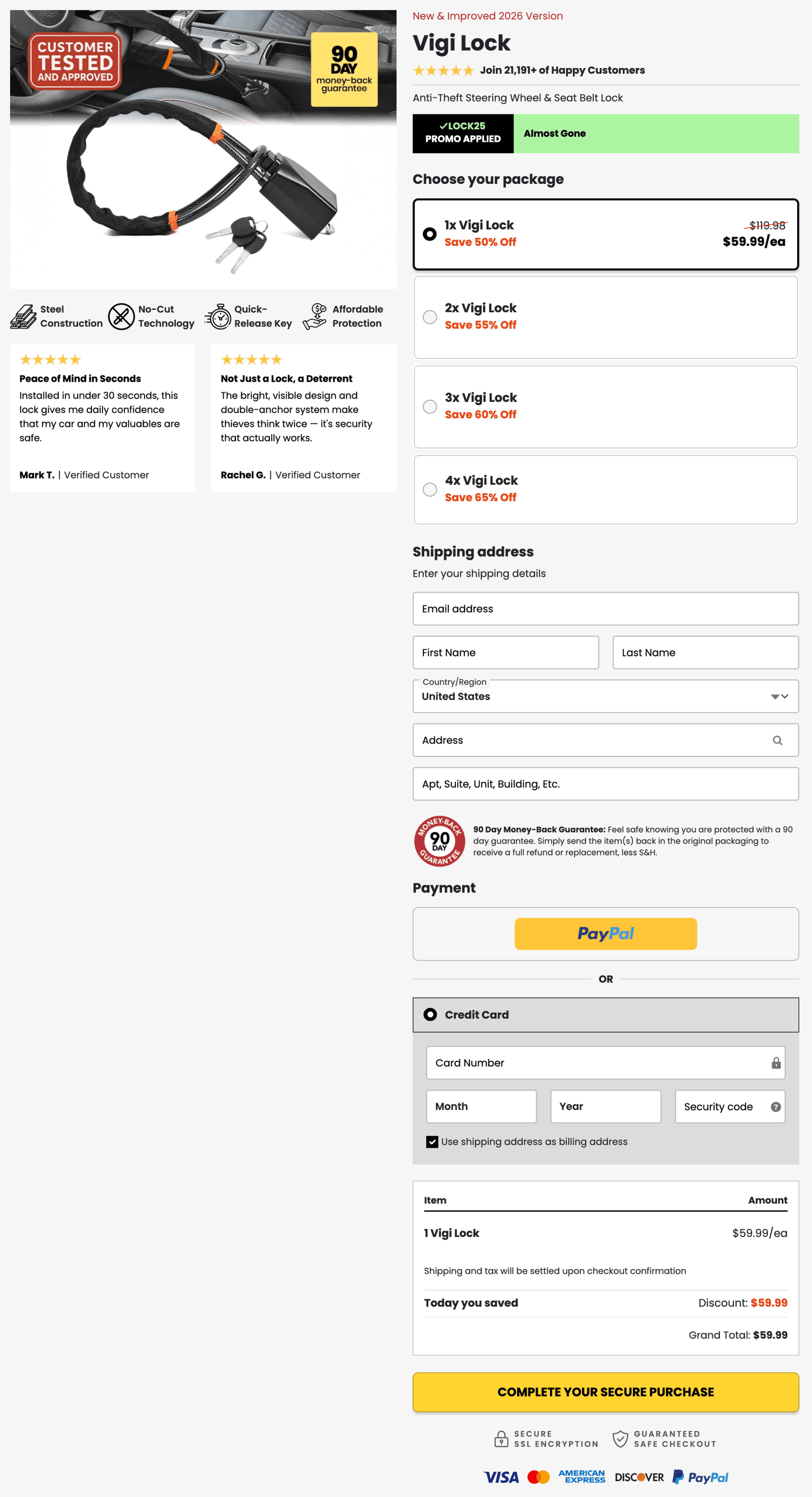 VigiLock Checkout page