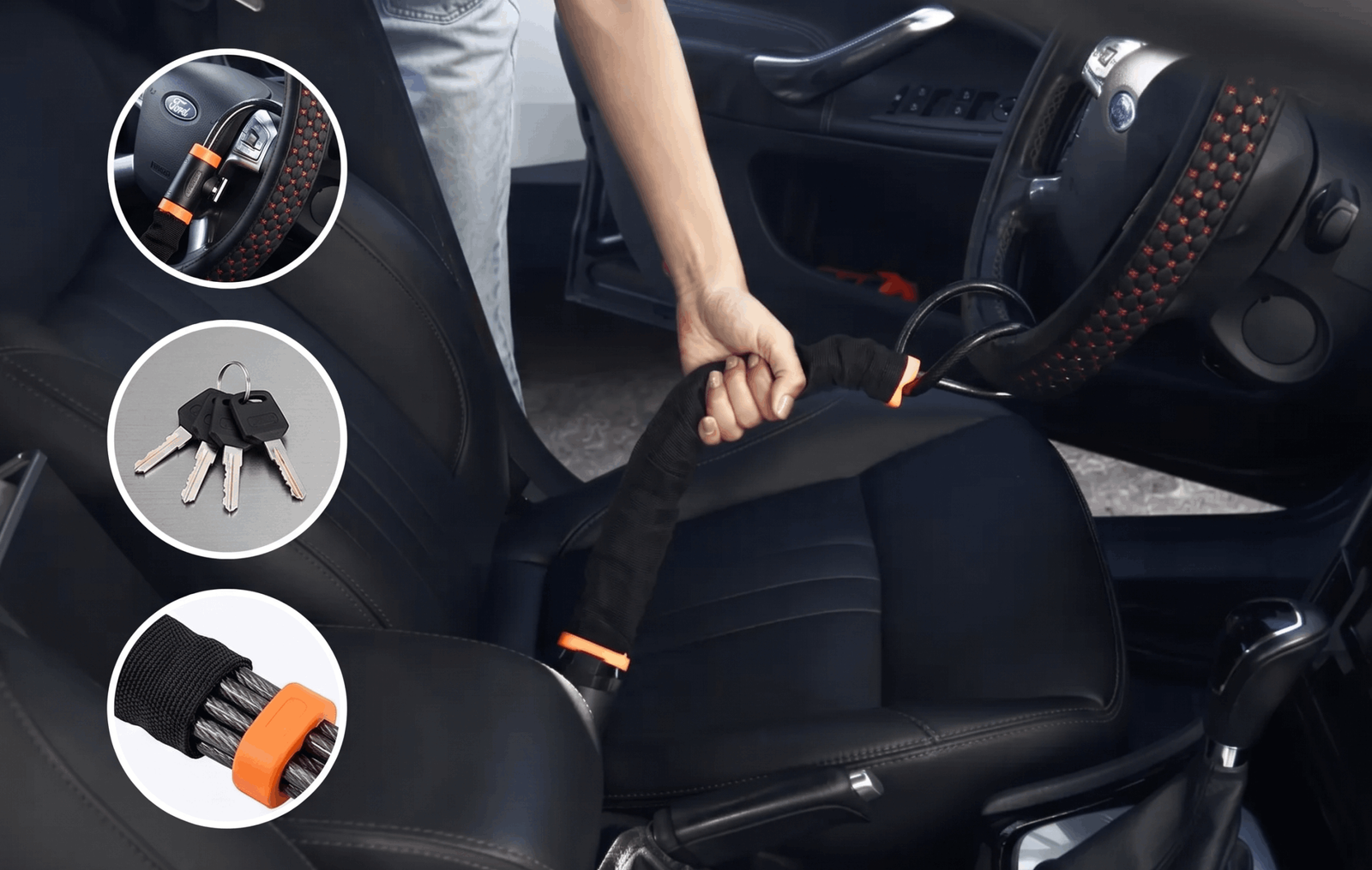 VigiLock setup in car and three circles showing its features